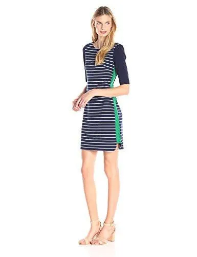 3/4 Sleeve Stripe Shift With Side Panel, Navy, 14