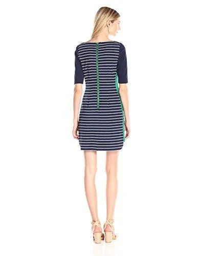 3/4 Sleeve Stripe Shift With Side Panel, Navy, 14