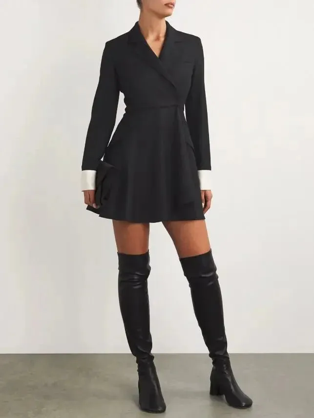 A-Line Black Blazer-Style Mini Dress with White Cuffs