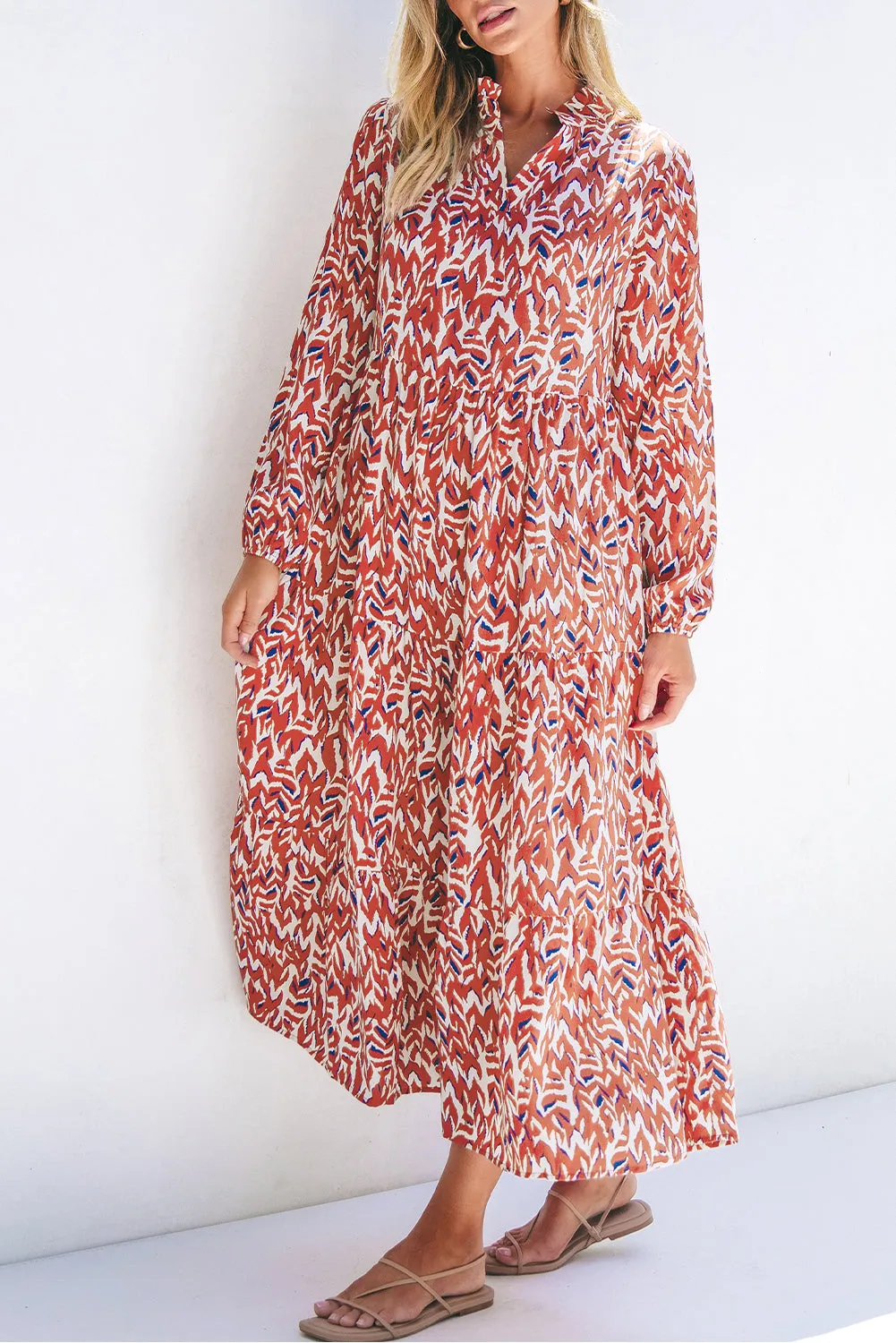 Abstract Print Pleated High Waist Midi Dress