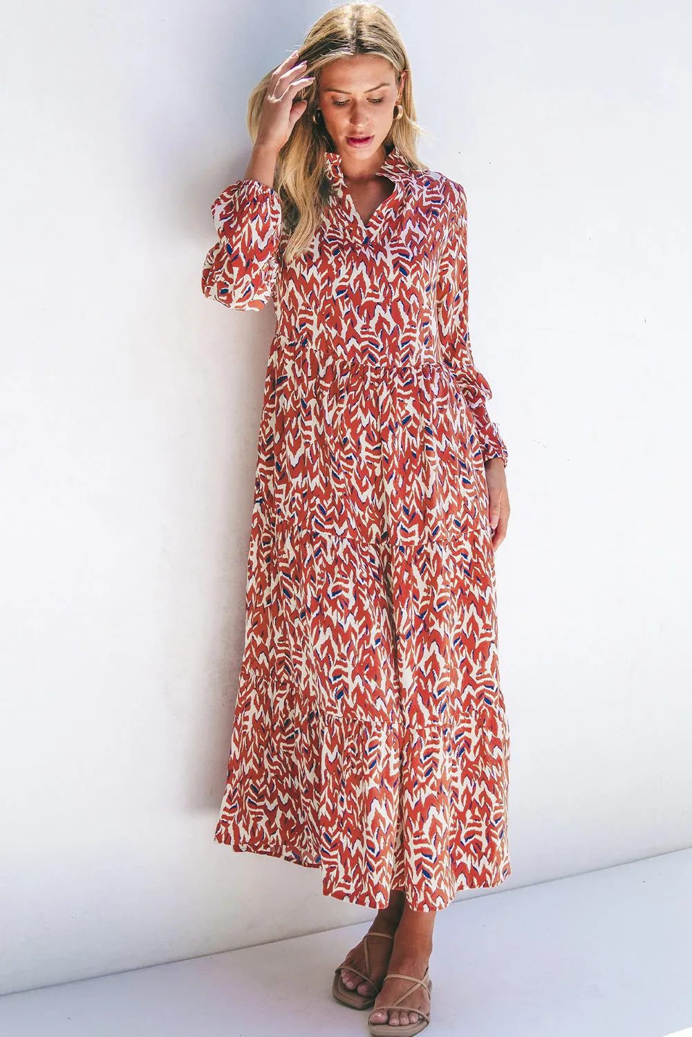 Abstract Print Pleated High Waist Midi Dress