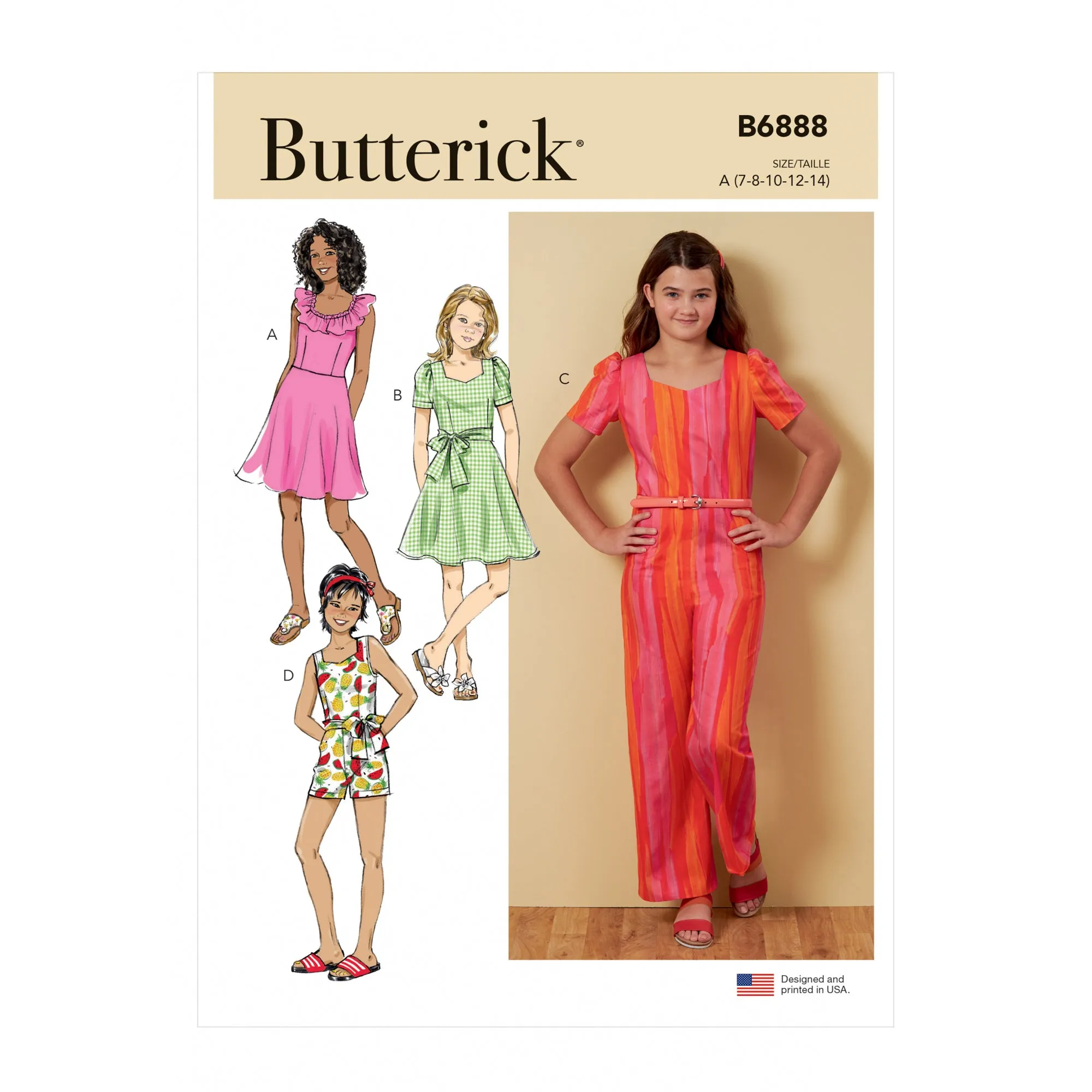 B6888 Girls' Dress, Jumpsuit, Romper and Sash (7-8-10-12-14)