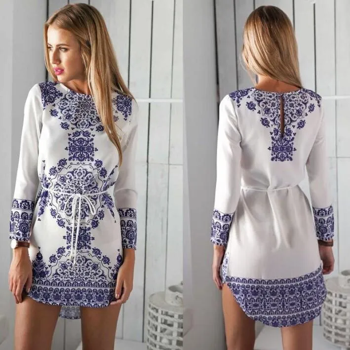 Bandage Printing Long Sleeve Shift Dresses