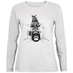 Bear Drummer White Womens Long Sleeve T-Shirt