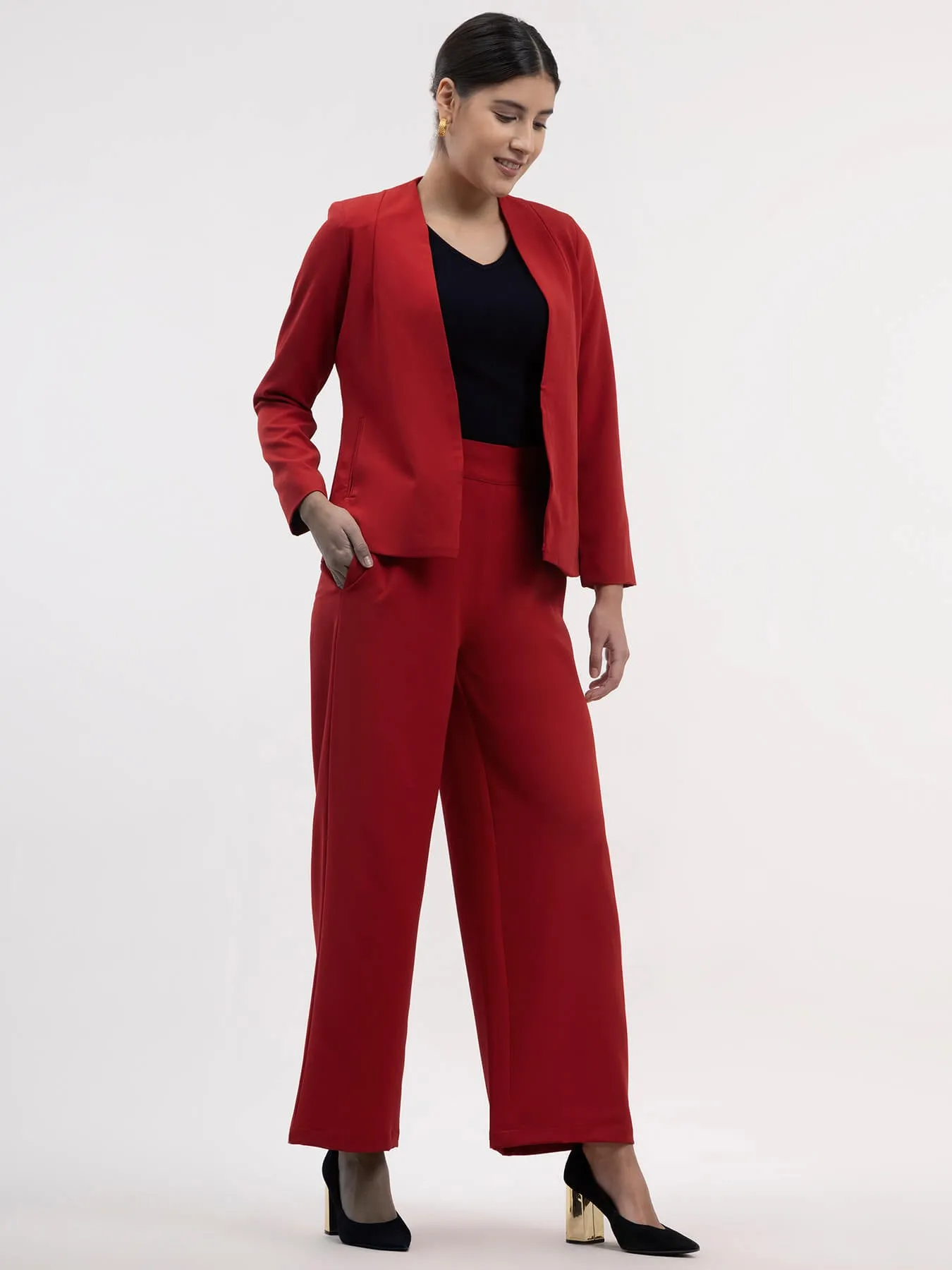 Blazer And Wide Legged Trousers Co-ord - Red