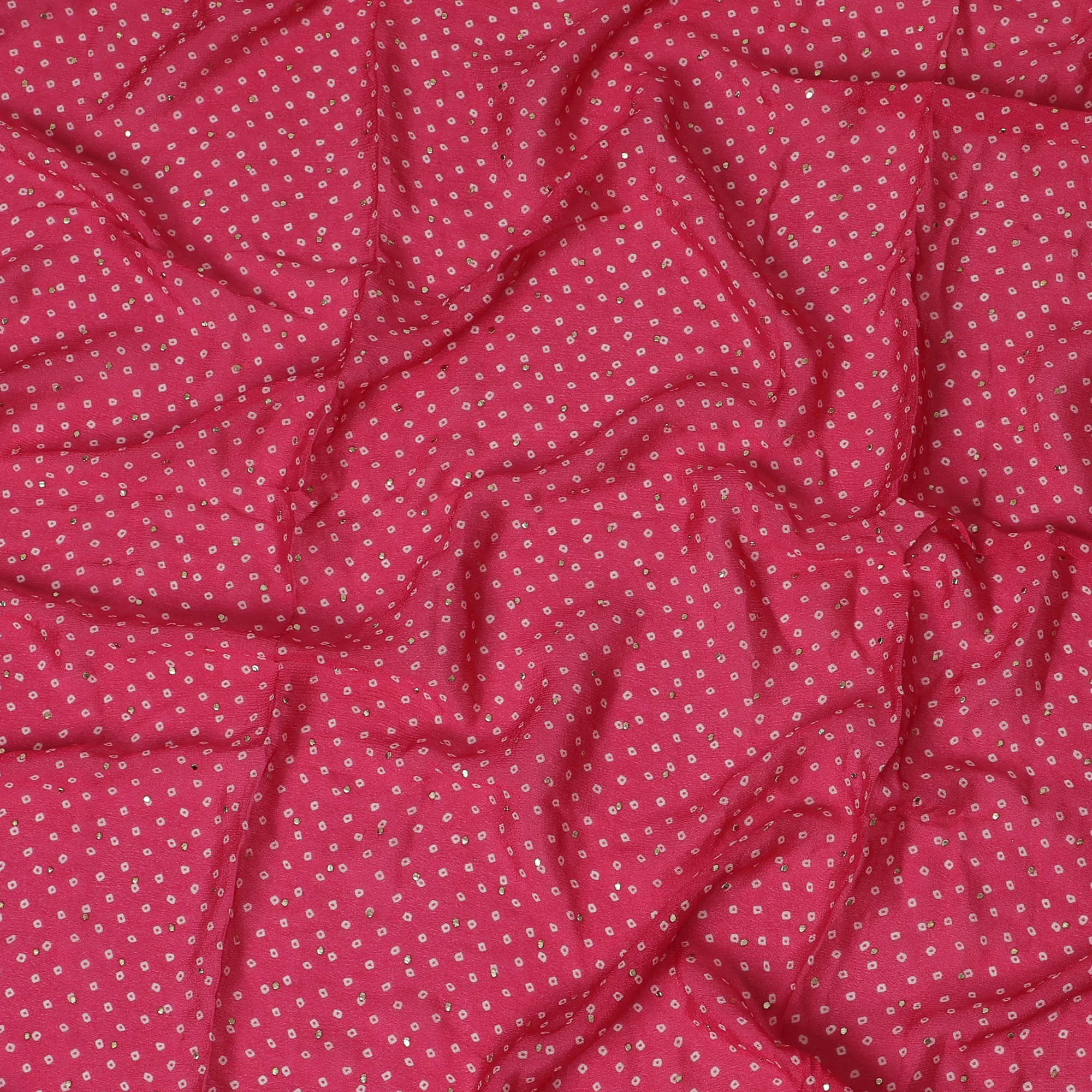 Bright Pink and White Polka Dot Synthetic Chinon Fabric with gold foil, 110 cm Width-D19668