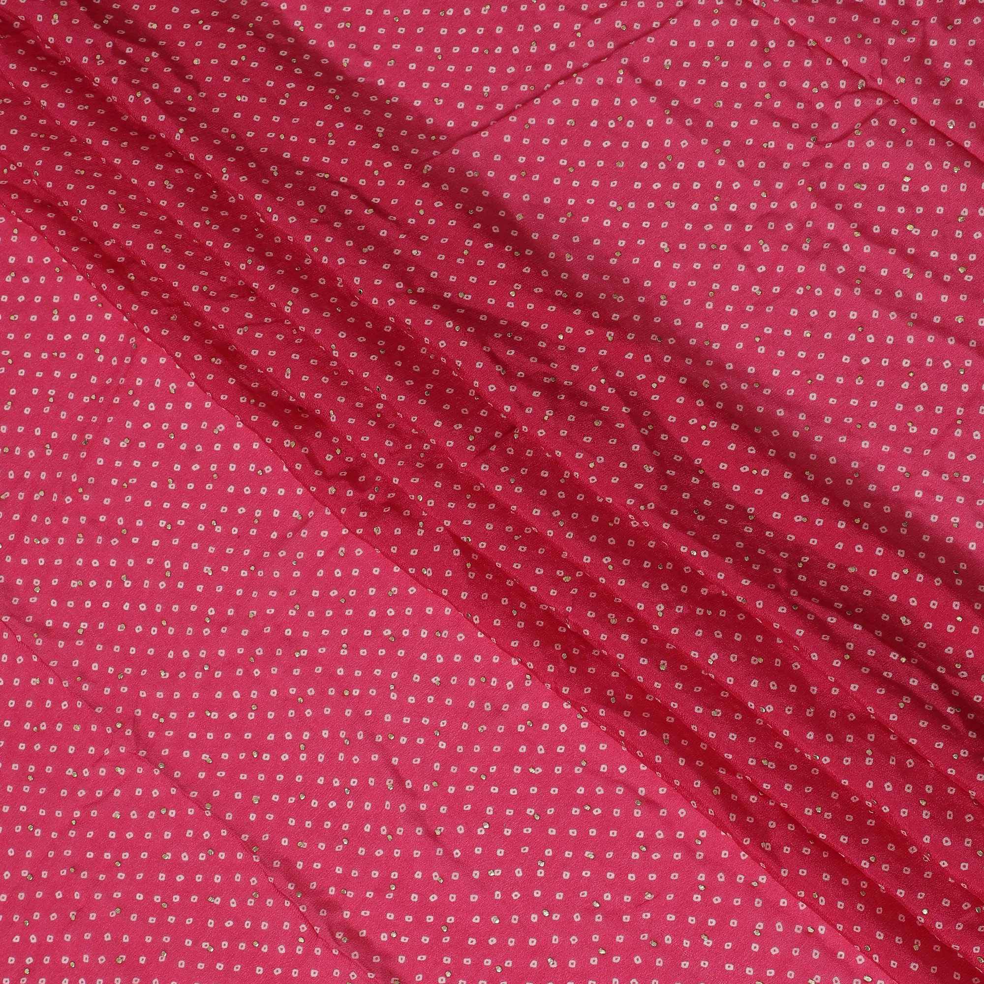 Bright Pink and White Polka Dot Synthetic Chinon Fabric with gold foil, 110 cm Width-D19668