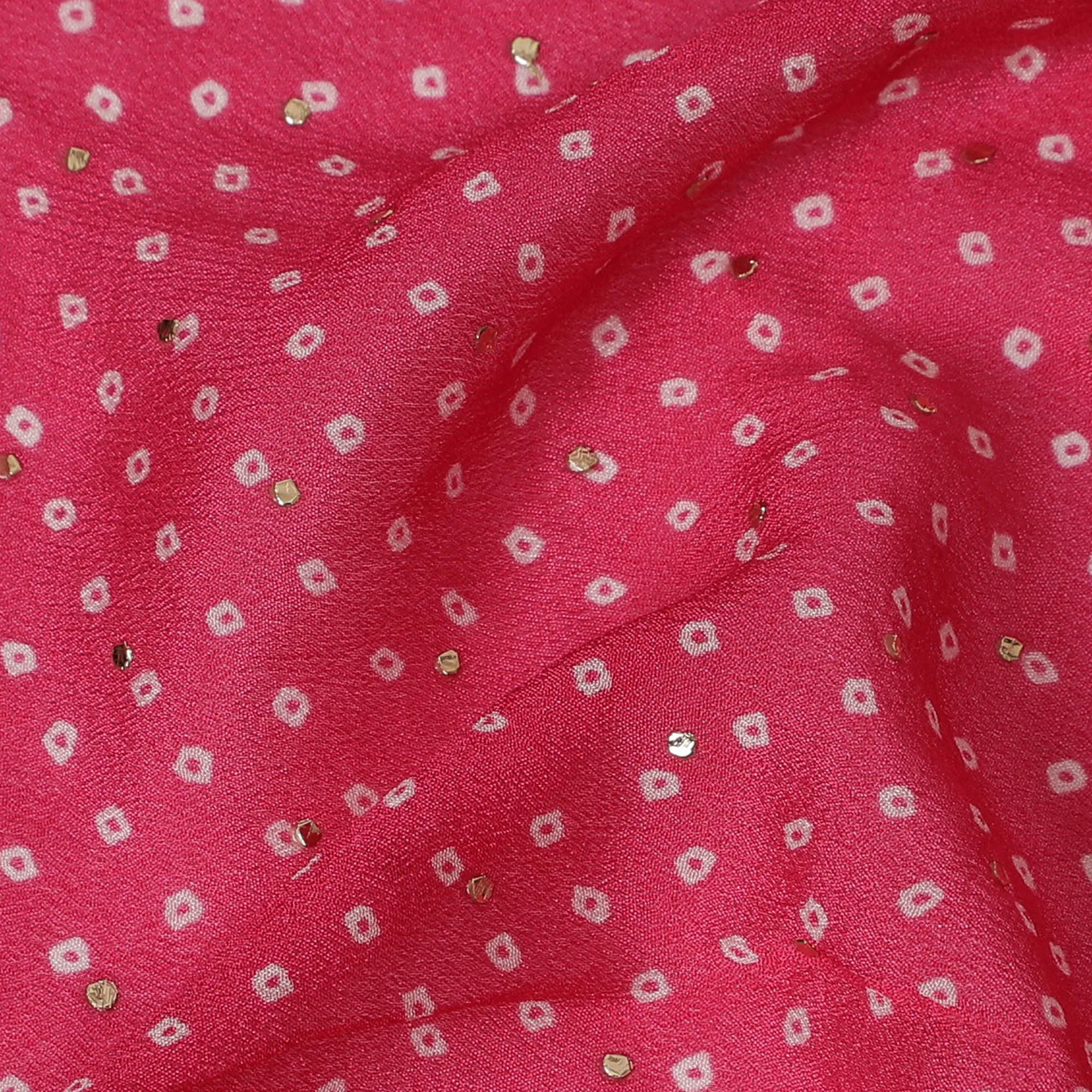 Bright Pink and White Polka Dot Synthetic Chinon Fabric with gold foil, 110 cm Width-D19668