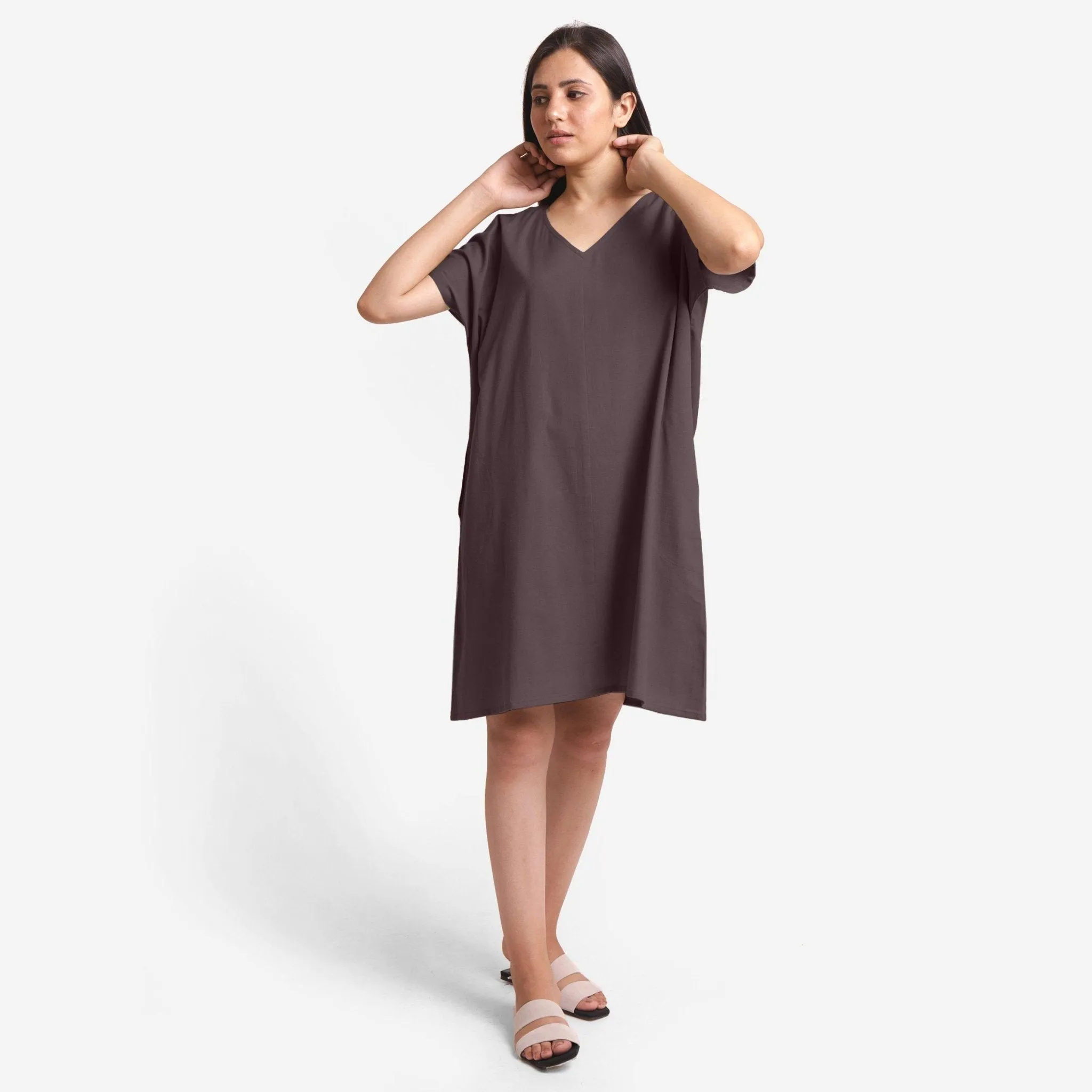 Brown Cotton Flax V-Neck Short Shift Tunic