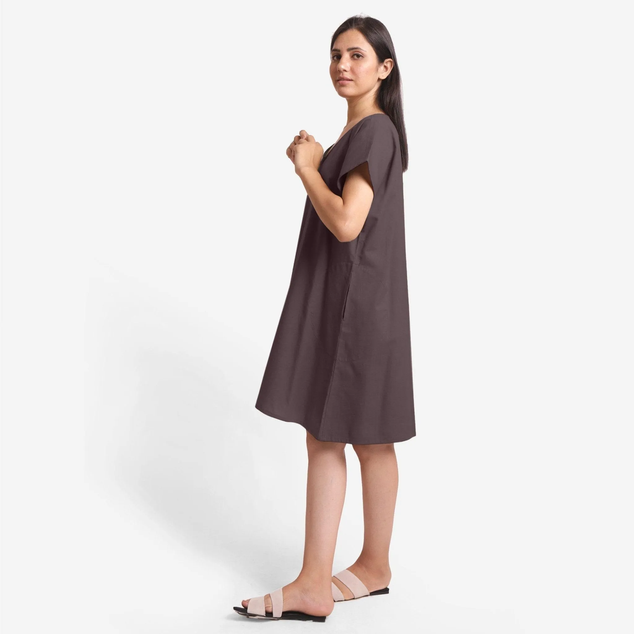 Brown Cotton Flax V-Neck Short Shift Tunic