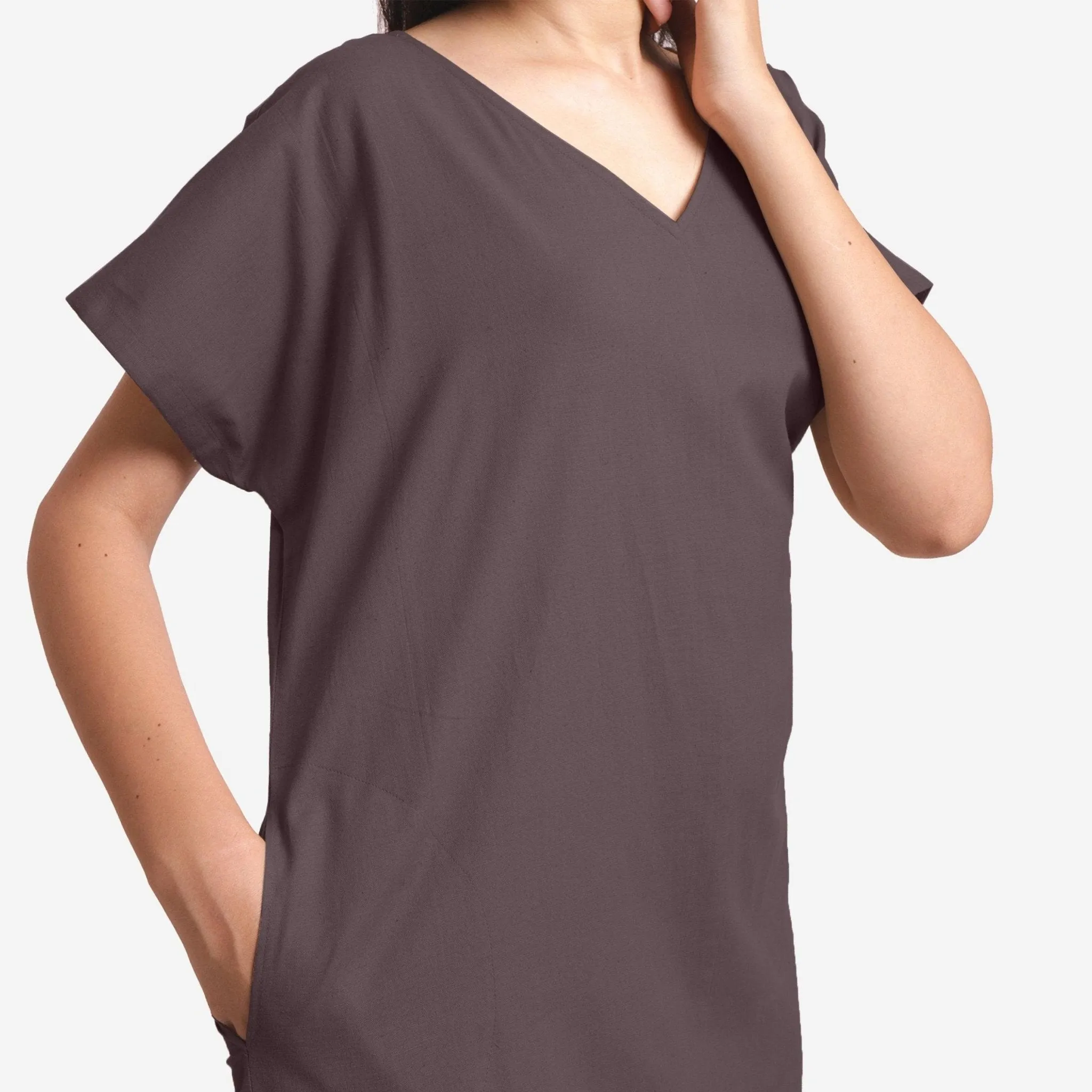 Brown Cotton Flax V-Neck Short Shift Tunic