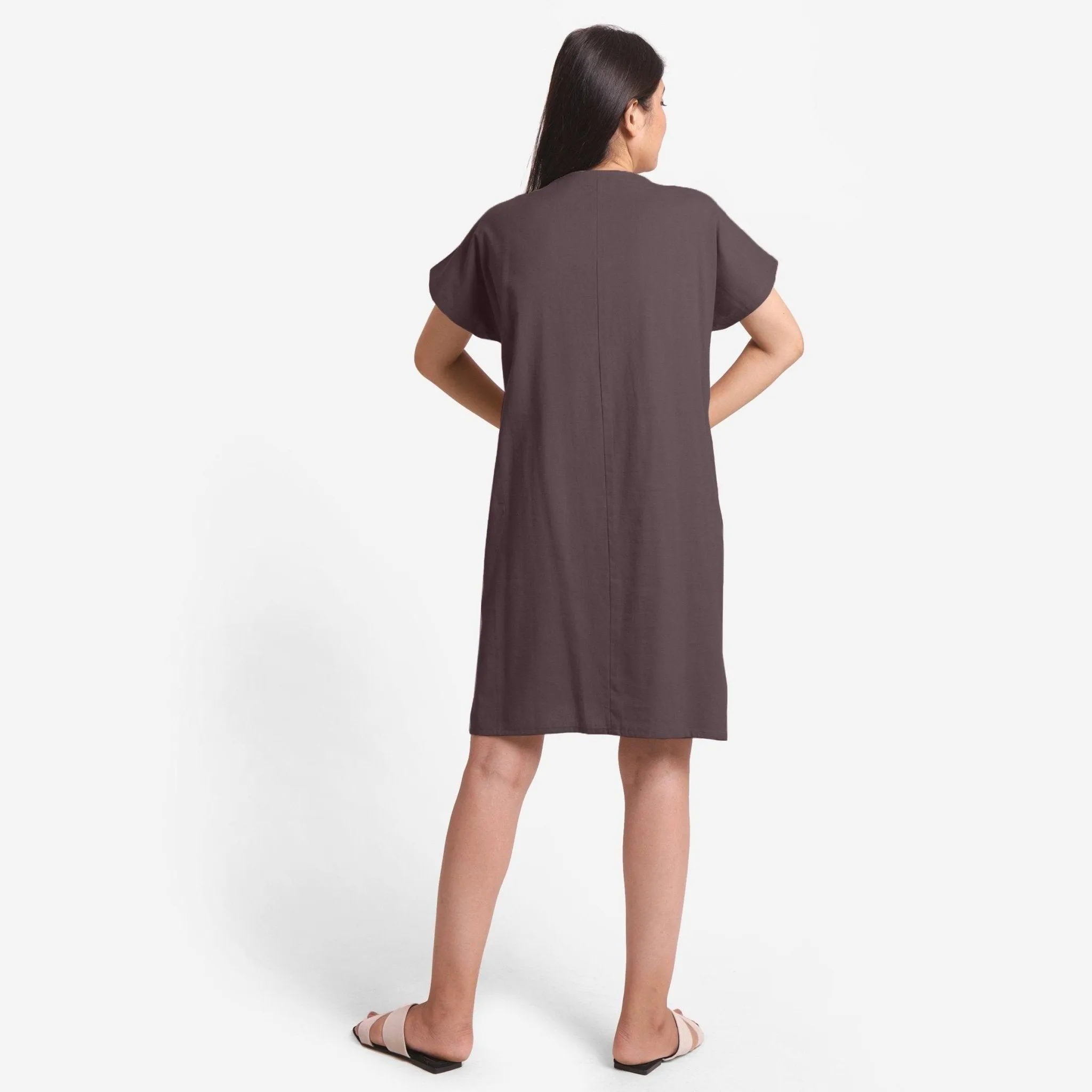 Brown Cotton Flax V-Neck Short Shift Tunic