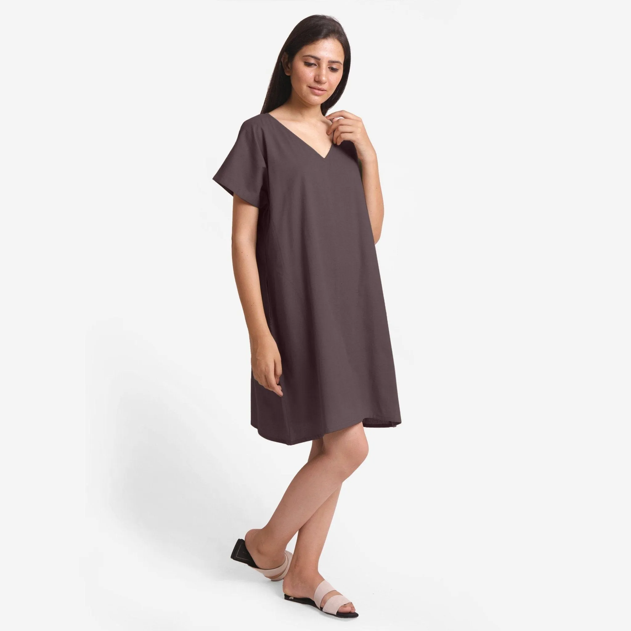 Brown Cotton Flax V-Neck Short Shift Tunic