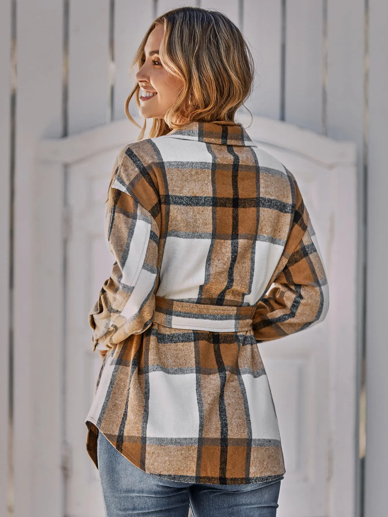 Button Leisure Plaid Ladies Coat