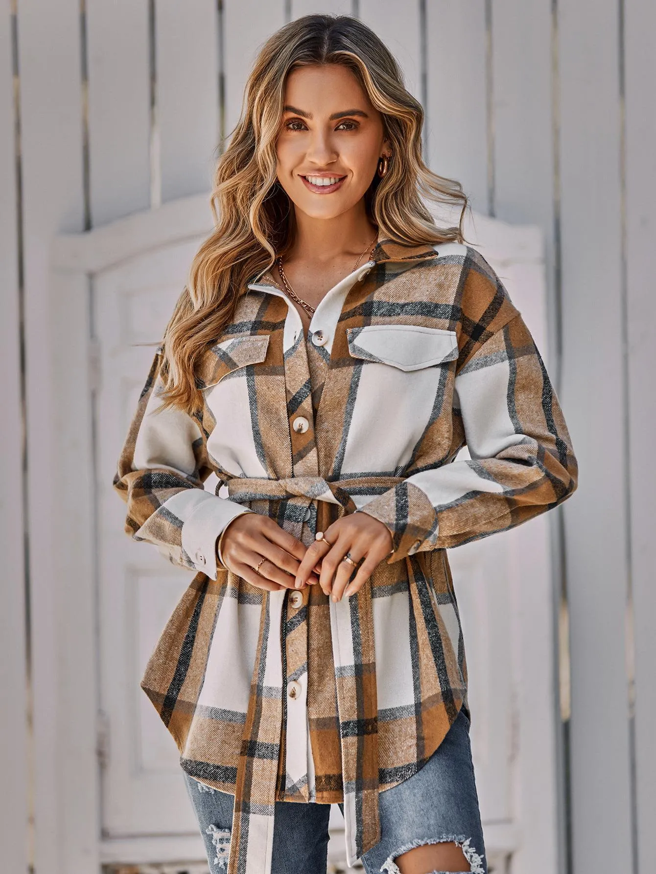 Button Leisure Plaid Ladies Coat