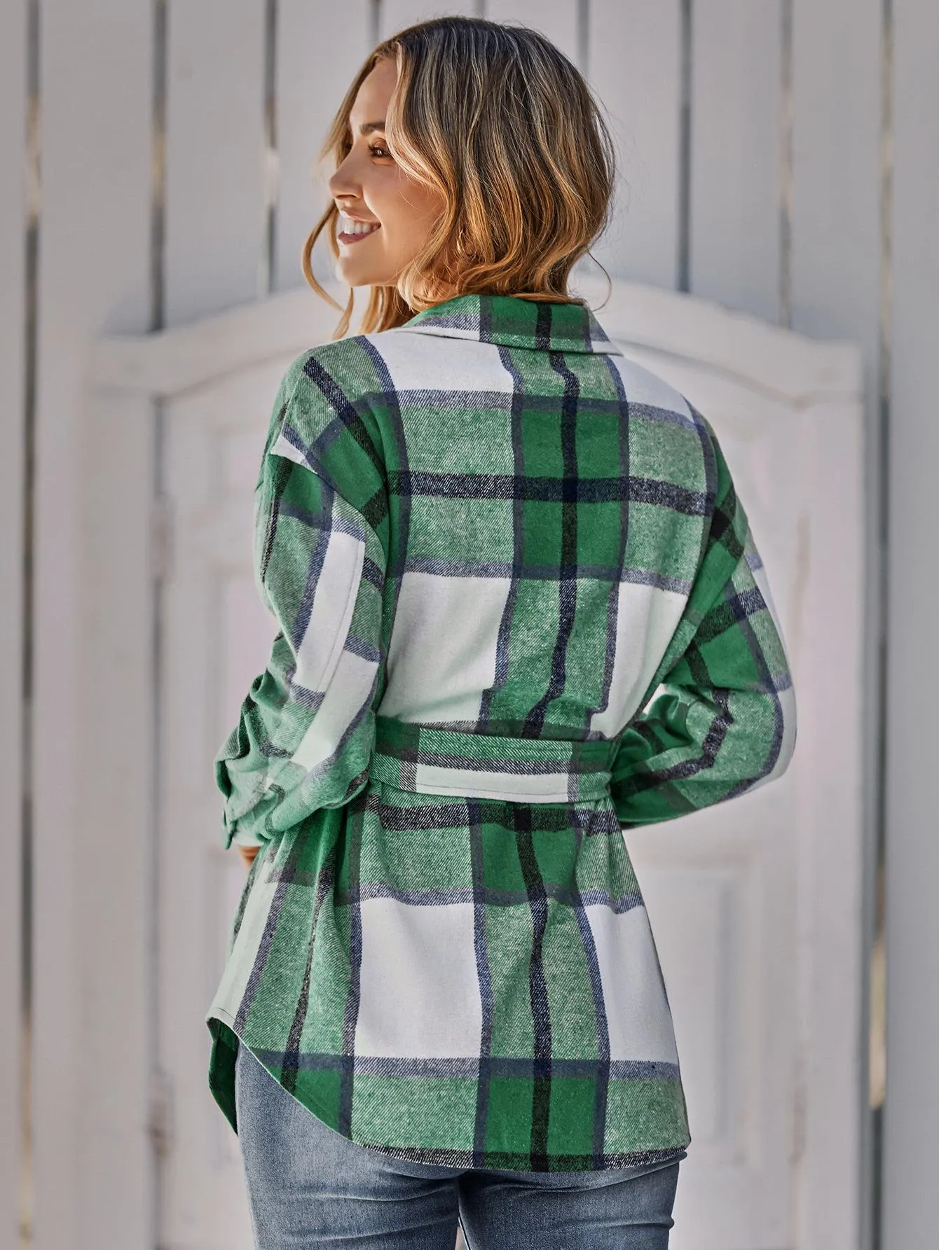 Button Leisure Plaid Ladies Coat