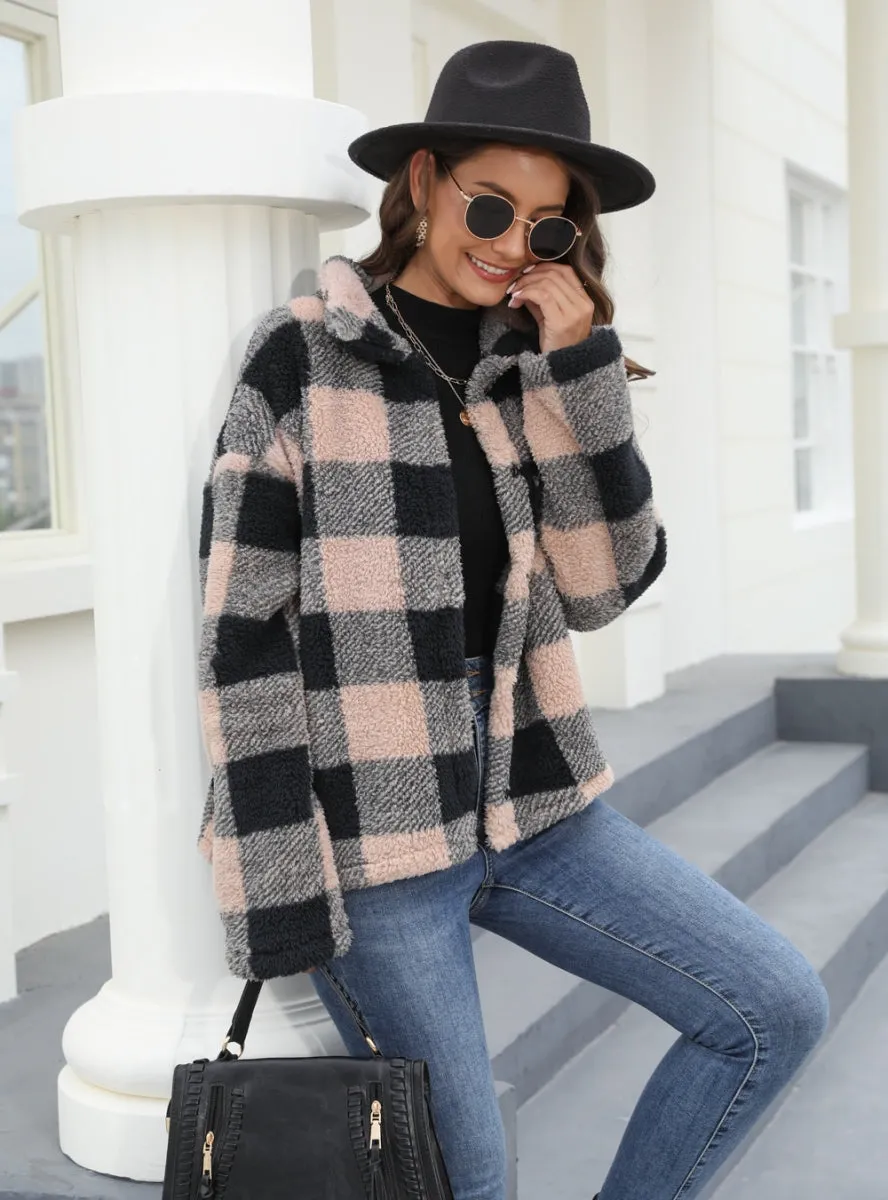 Button Padded Warm Lapel Plaid Plush Coat