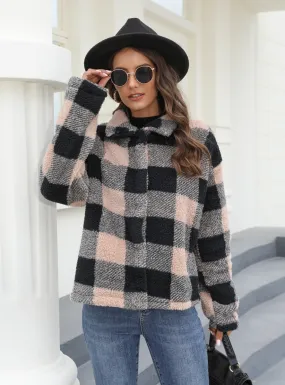 Button Padded Warm Lapel Plaid Plush Coat