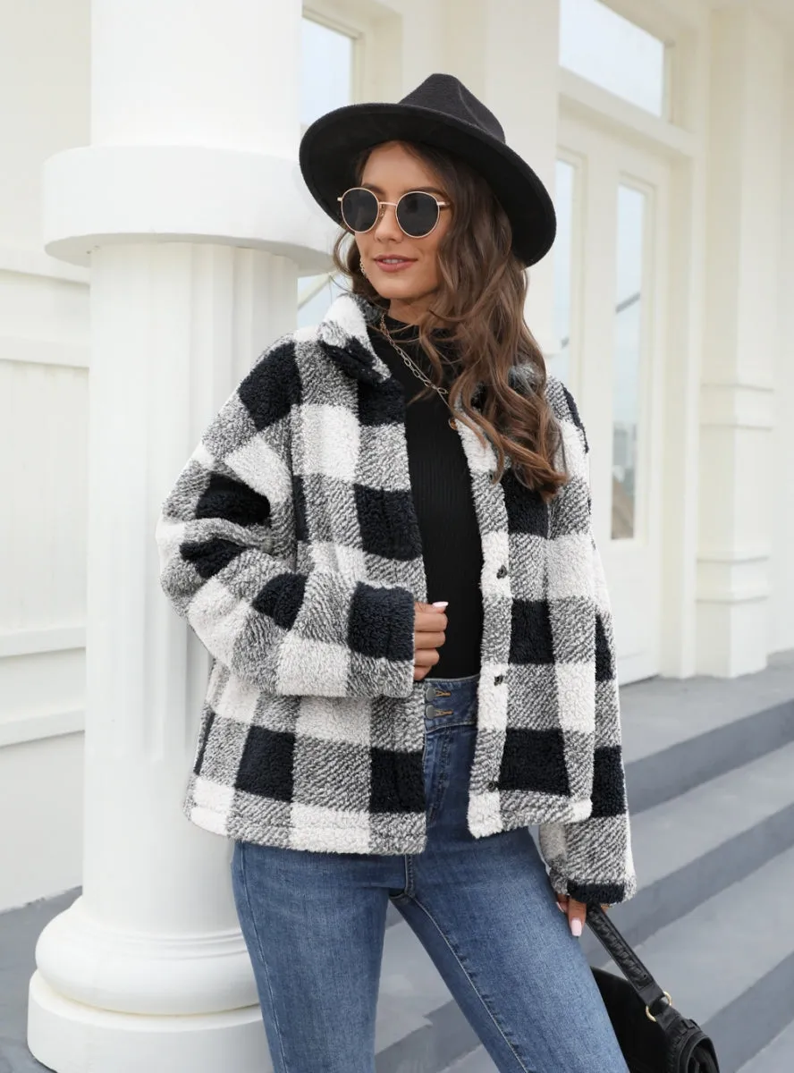 Button Padded Warm Lapel Plaid Plush Coat