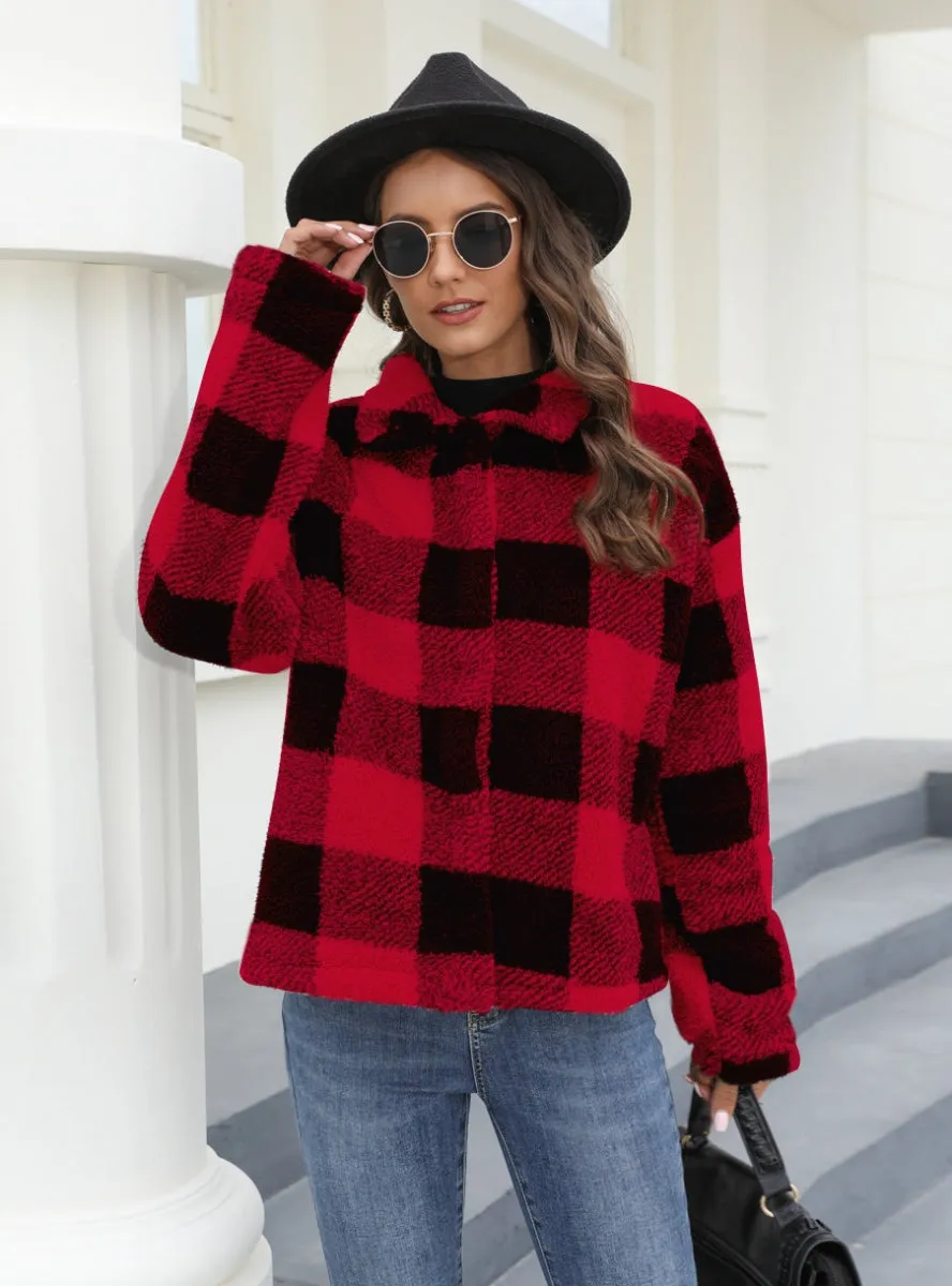 Button Padded Warm Lapel Plaid Plush Coat