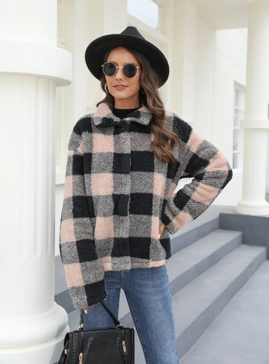 Button Padded Warm Lapel Plaid Plush Coat