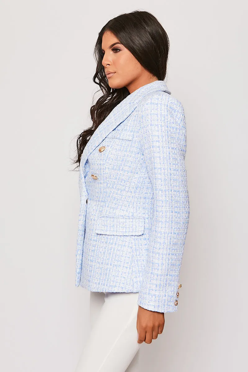 Claudette - Blue Contrast Knit Thread Gold Button Blazer