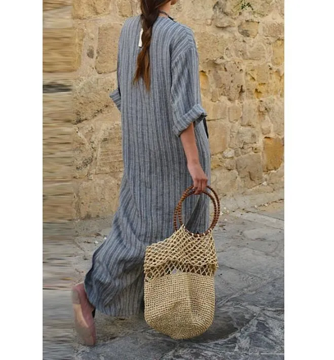 Cotton and Linen Long Sleeve Striped Shift Dresses