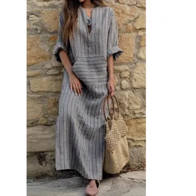 Cotton and Linen Long Sleeve Striped Shift Dresses