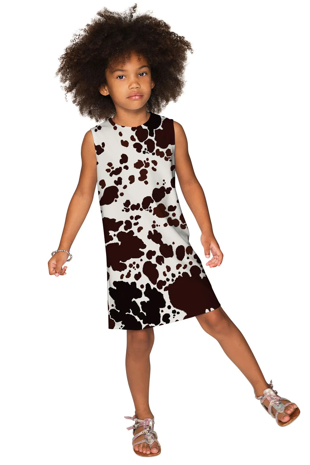 Cowgirl Adele White Brown Cow Animal Print Holiday Shift Dress - Girls