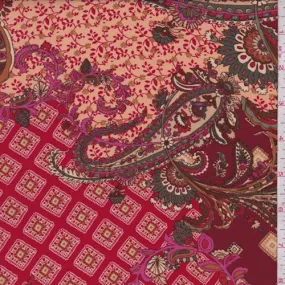 Cranberry/Beige Stylized Paisley Crepe Georgette Fabric