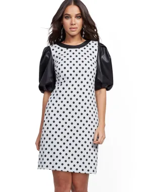 Dot-Print Faux Leather-Sleeve Shift Dress