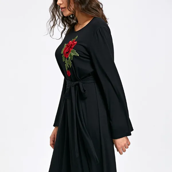 Embroidery Long Sleeve Black Shift Dresses