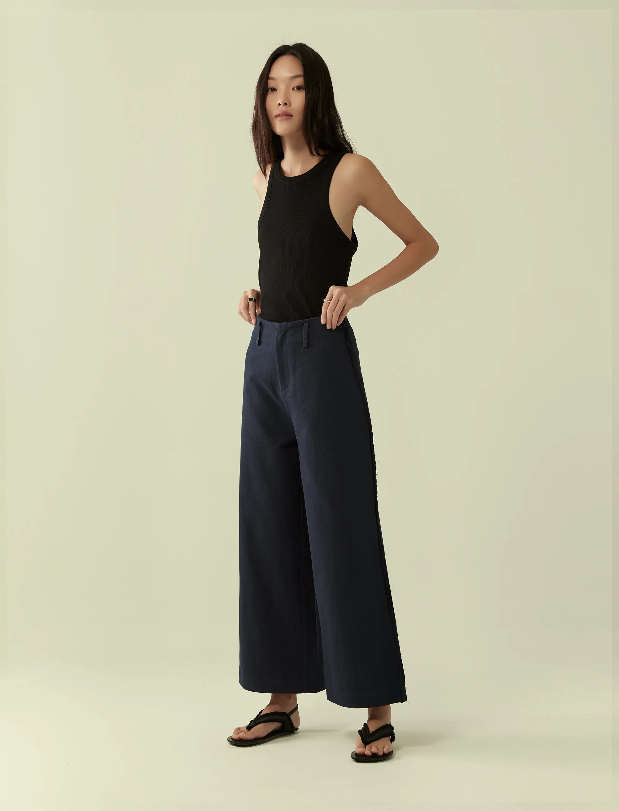 exposed seam wide legged trousers