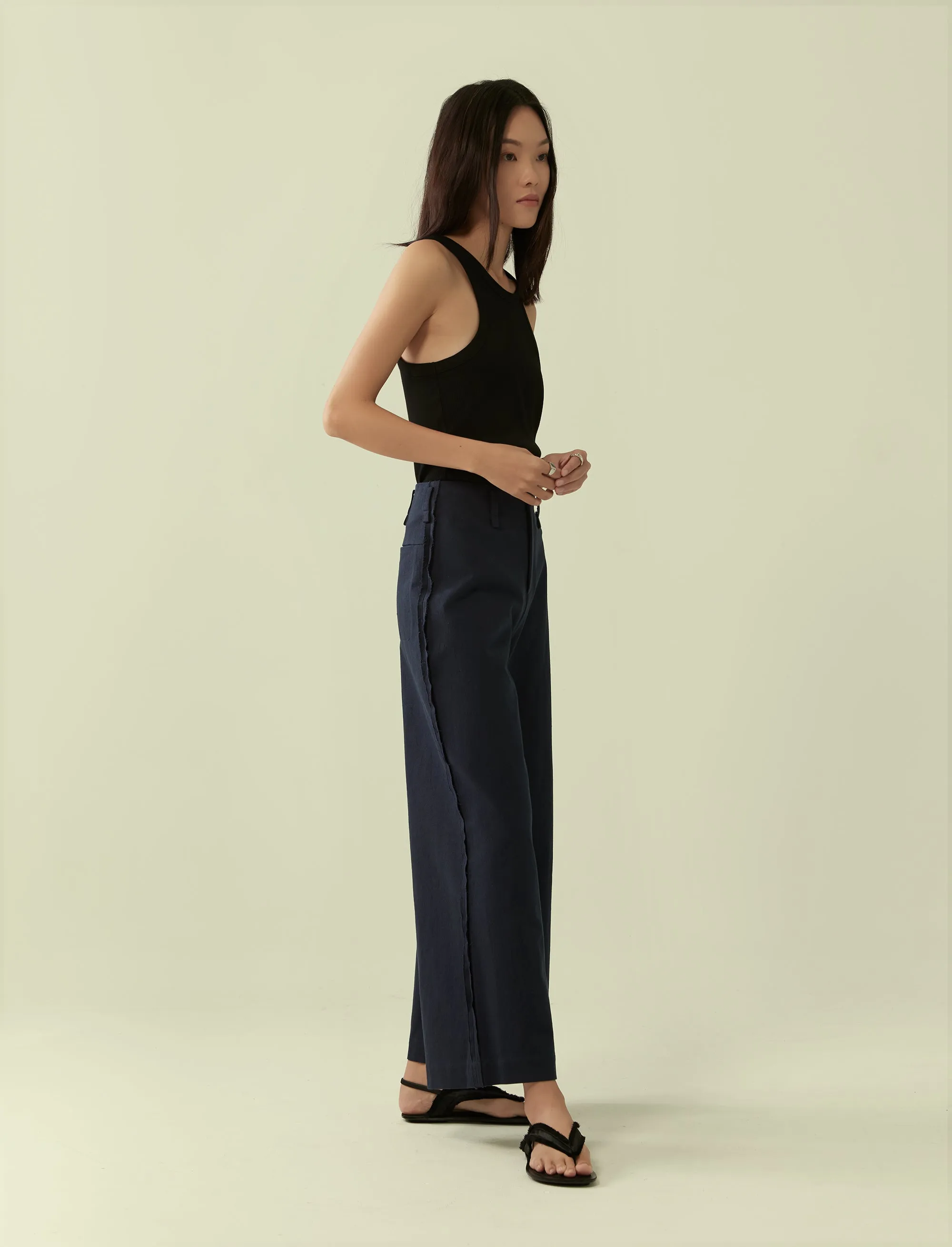 exposed seam wide legged trousers