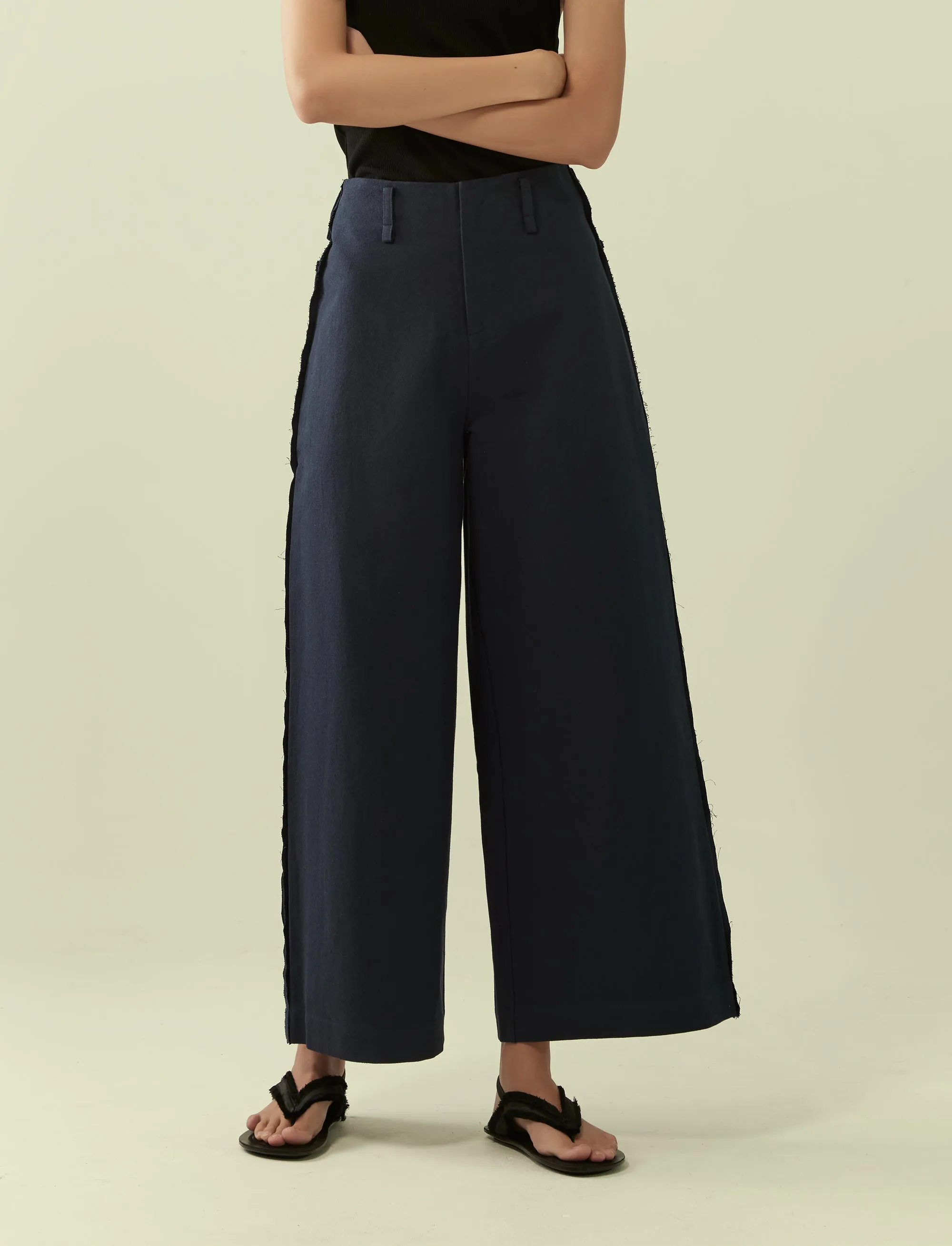 exposed seam wide legged trousers