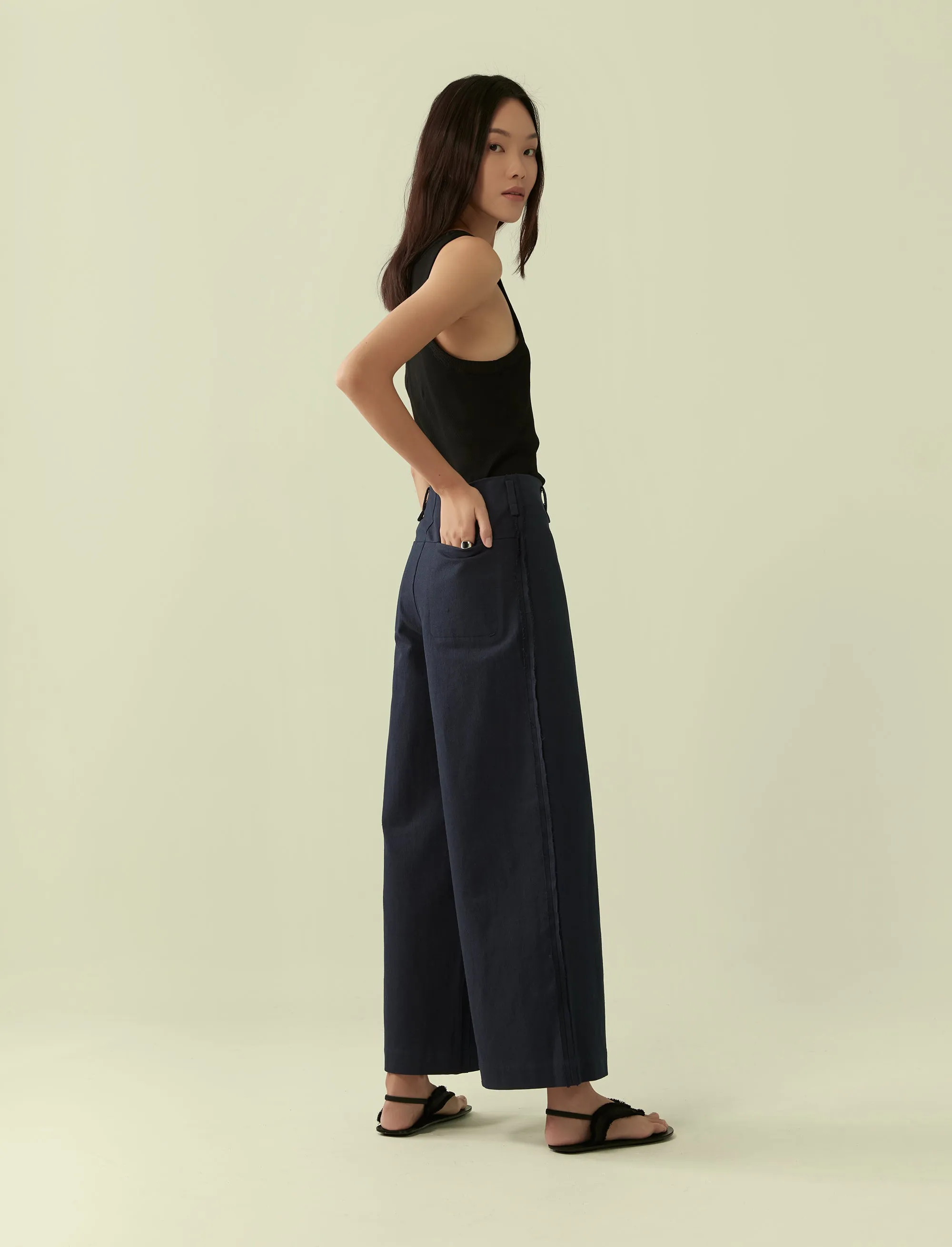 exposed seam wide legged trousers