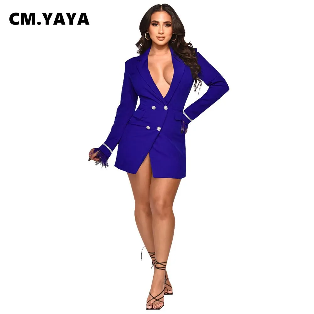 Feather Diamonds Long Sleeve Double Breasted Notched Blazer DRESS