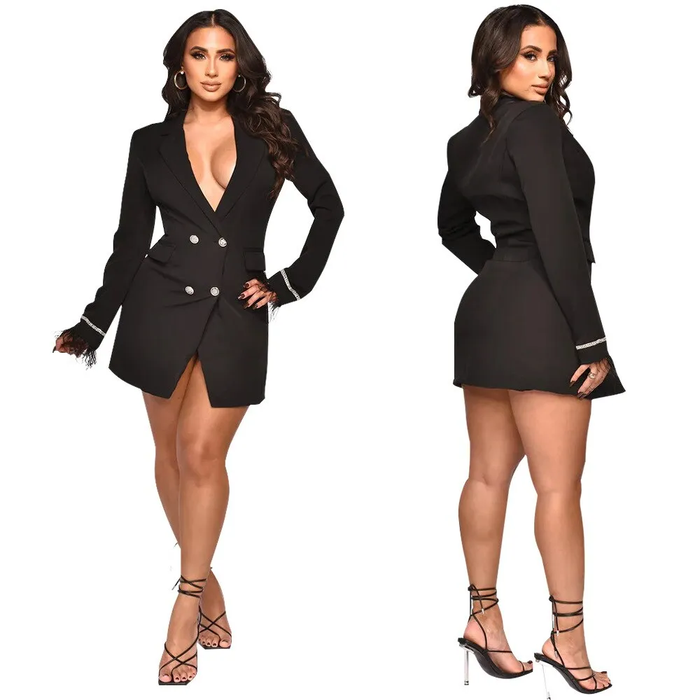 Feather Diamonds Long Sleeve Double Breasted Notched Blazer DRESS