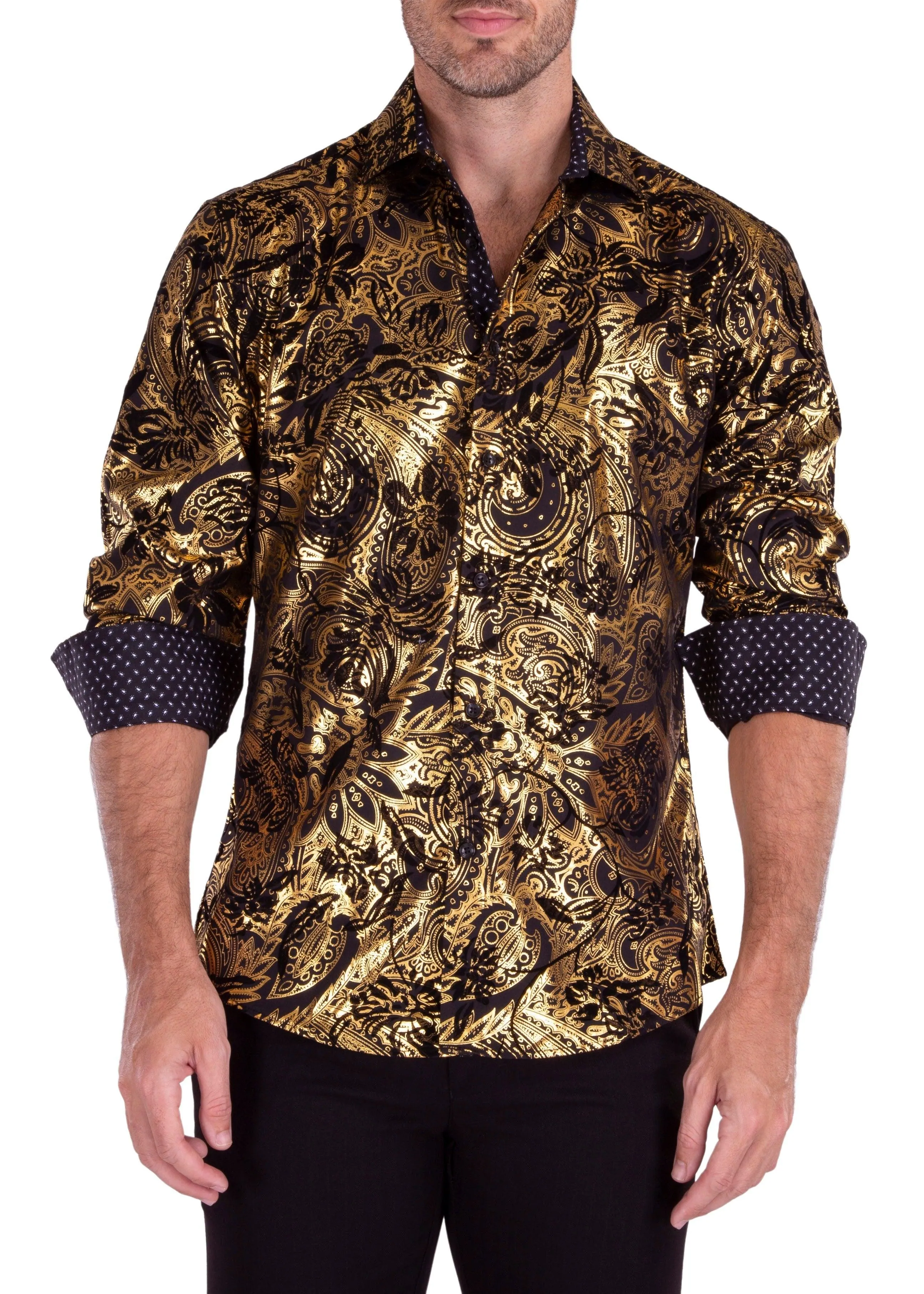 Gold Mandala & Flower Velvet Texture Long Sleeve Dress Shirt Black