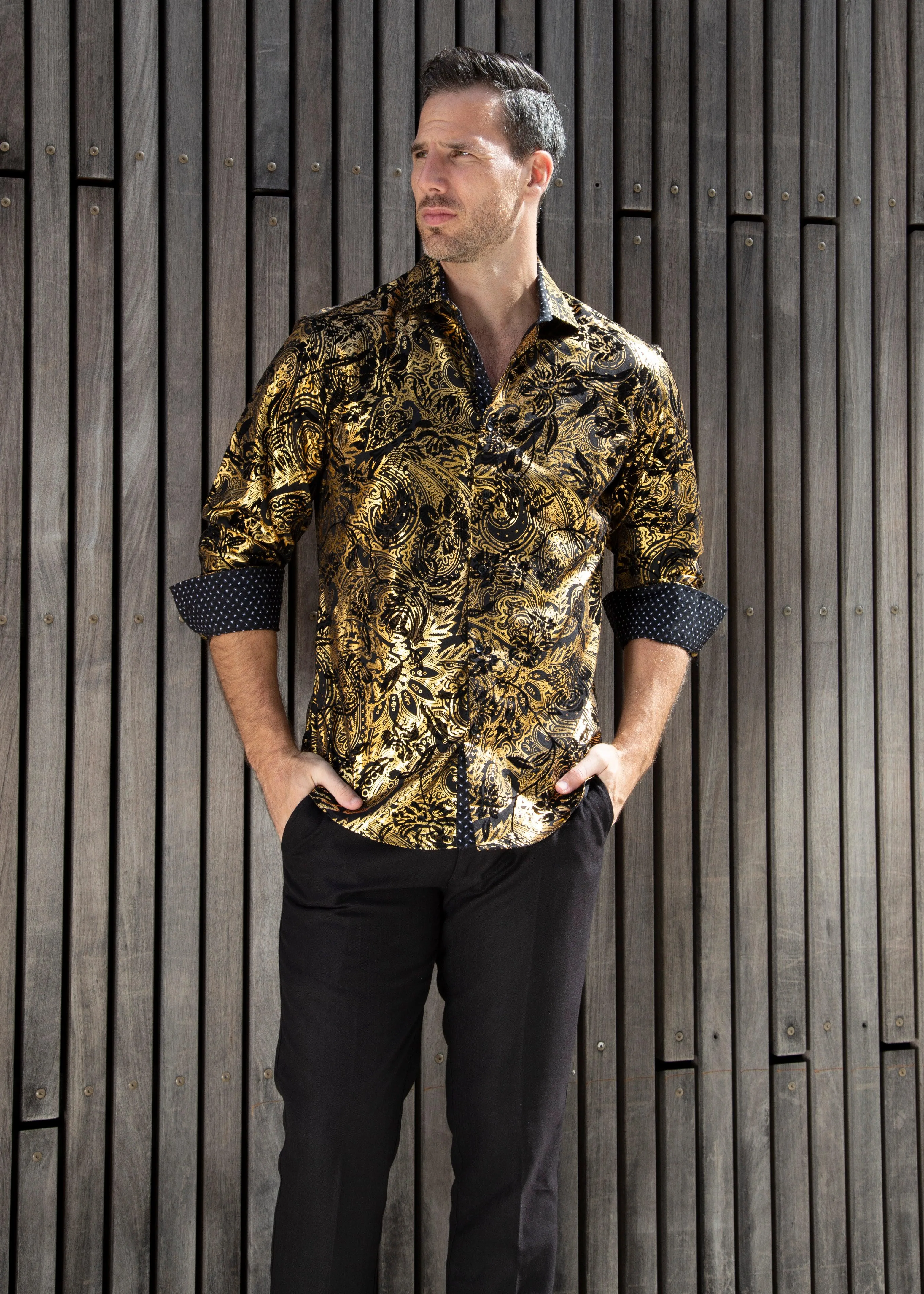 Gold Mandala & Flower Velvet Texture Long Sleeve Dress Shirt Black