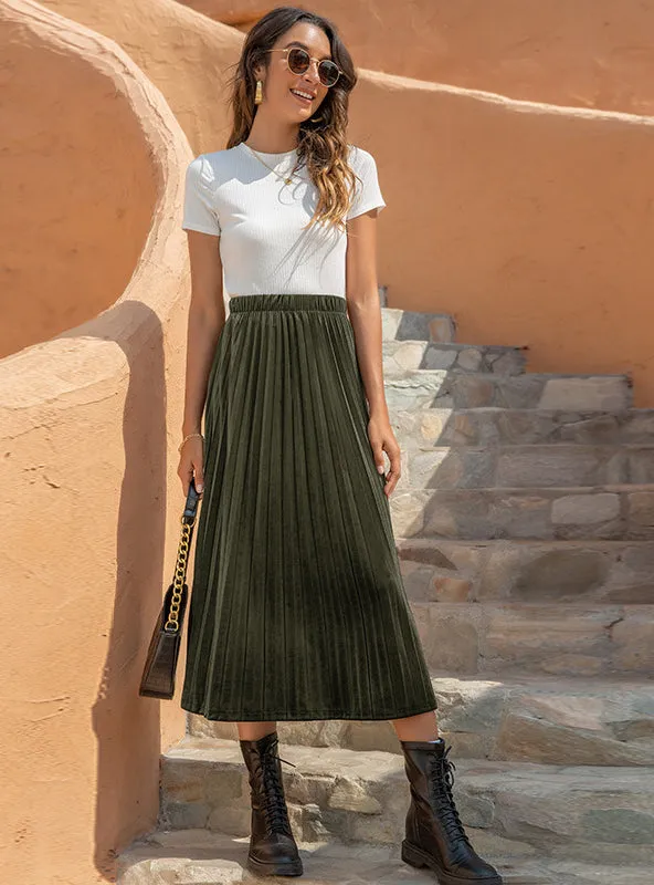 Golden Velvet Casual Pleated Skirt