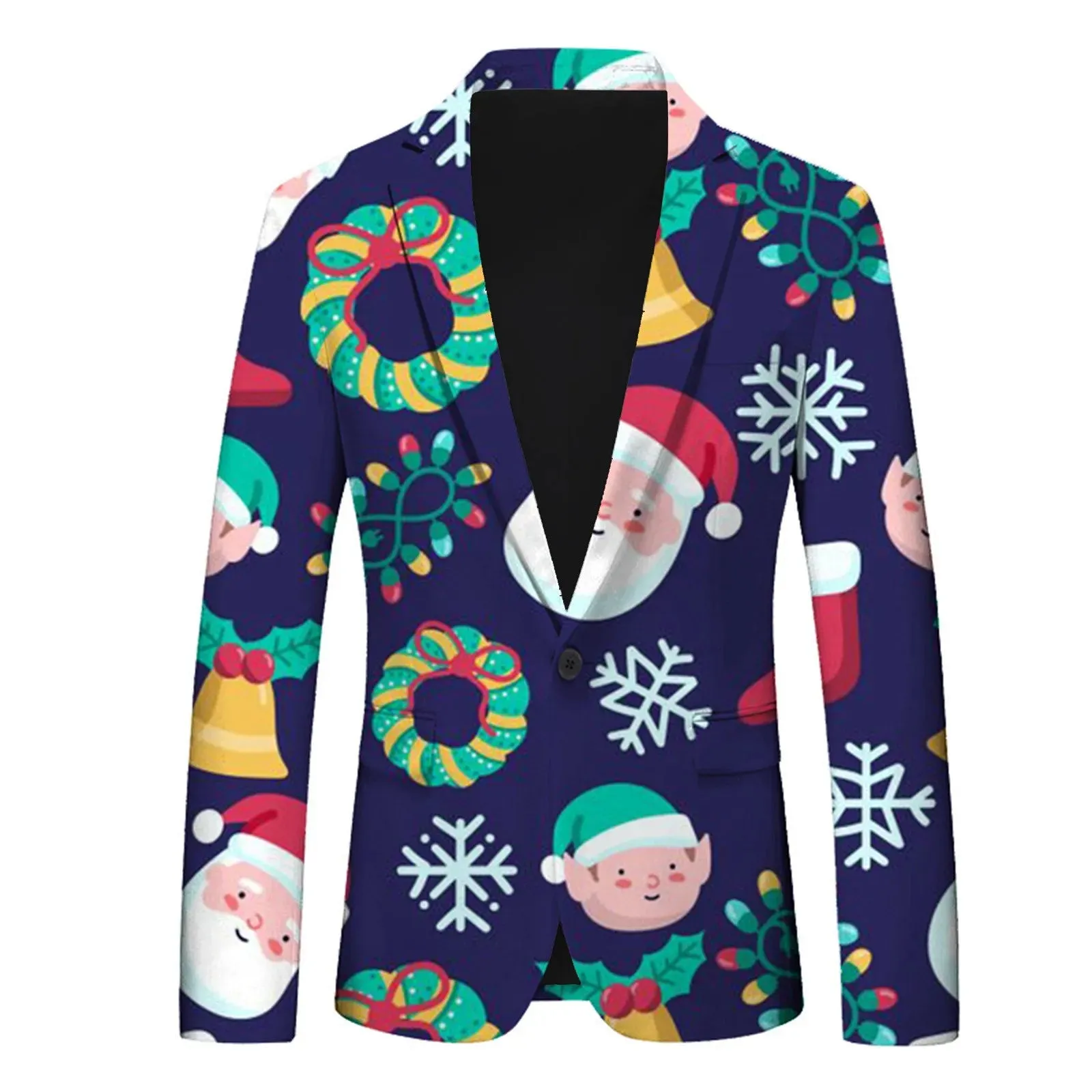 Men's Christmas Snowflake Elk Print Blazer Jackets With Pocket Elegance Laple Suit Coat Plus Size Party Outwears