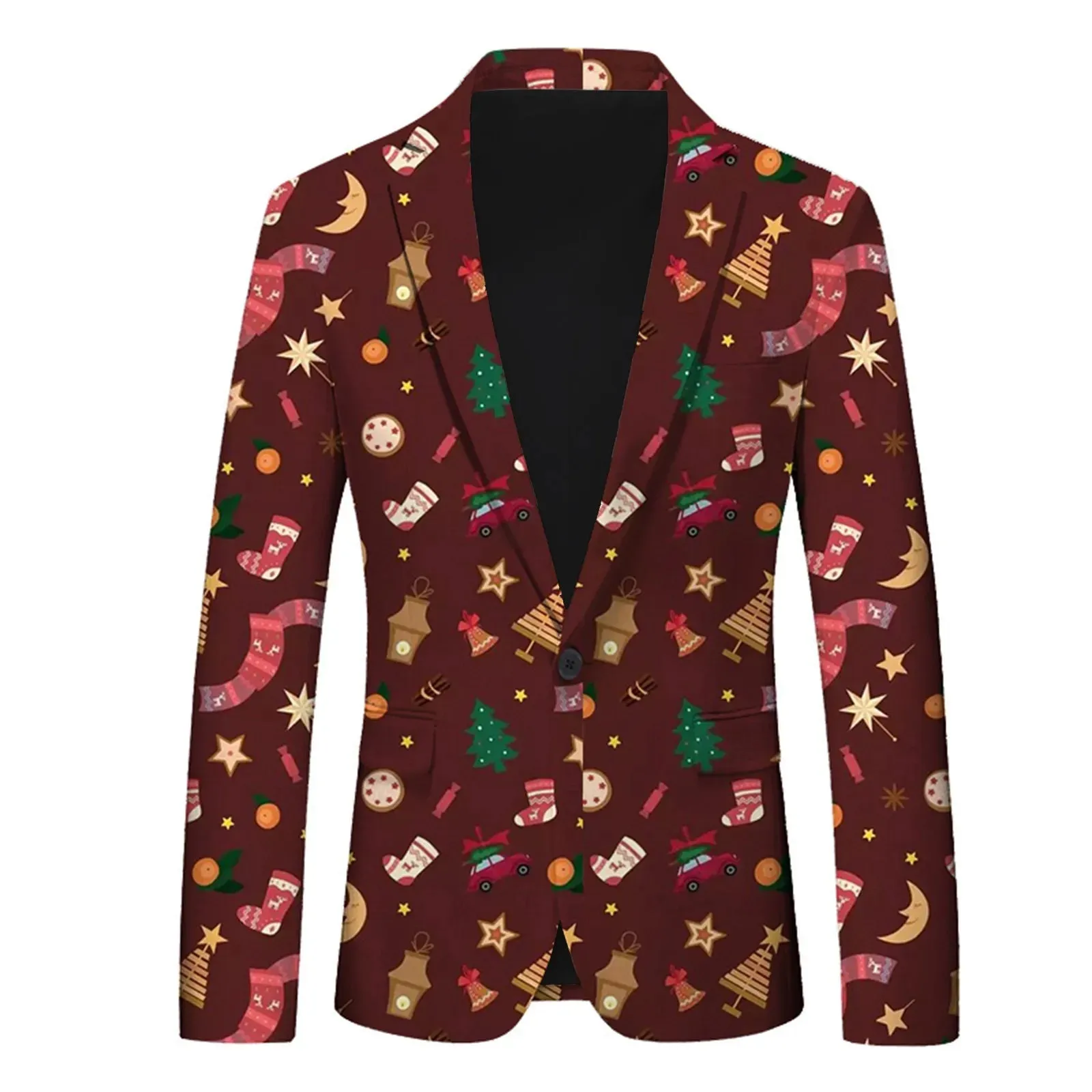 Men's Christmas Snowflake Elk Print Blazer Jackets With Pocket Elegance Laple Suit Coat Plus Size Party Outwears