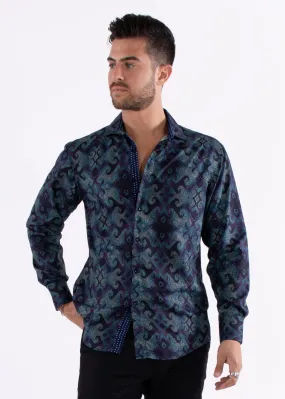 Navy & Green Patterned Long Sleeve Dress Shirt