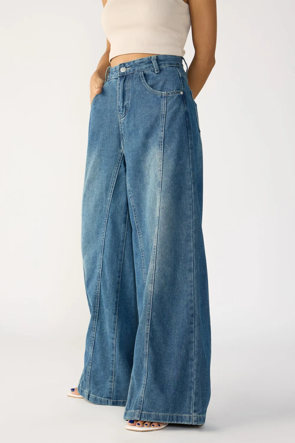 Navy Blue Denim Flared Korean Pants