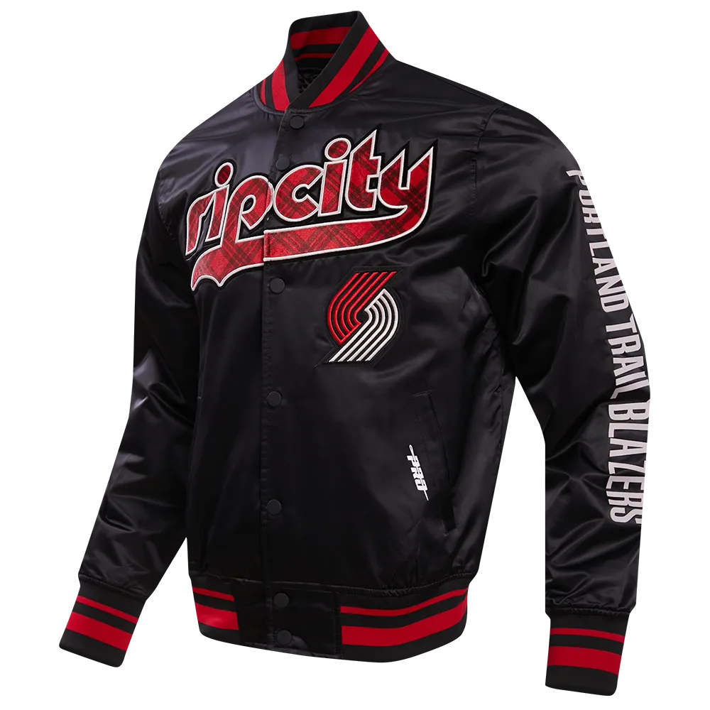 NBA PORTLAND TRAIL BLAZERS MEN'S CHEST RIB SATIN JACKET (BLACK/RED/BLACK)