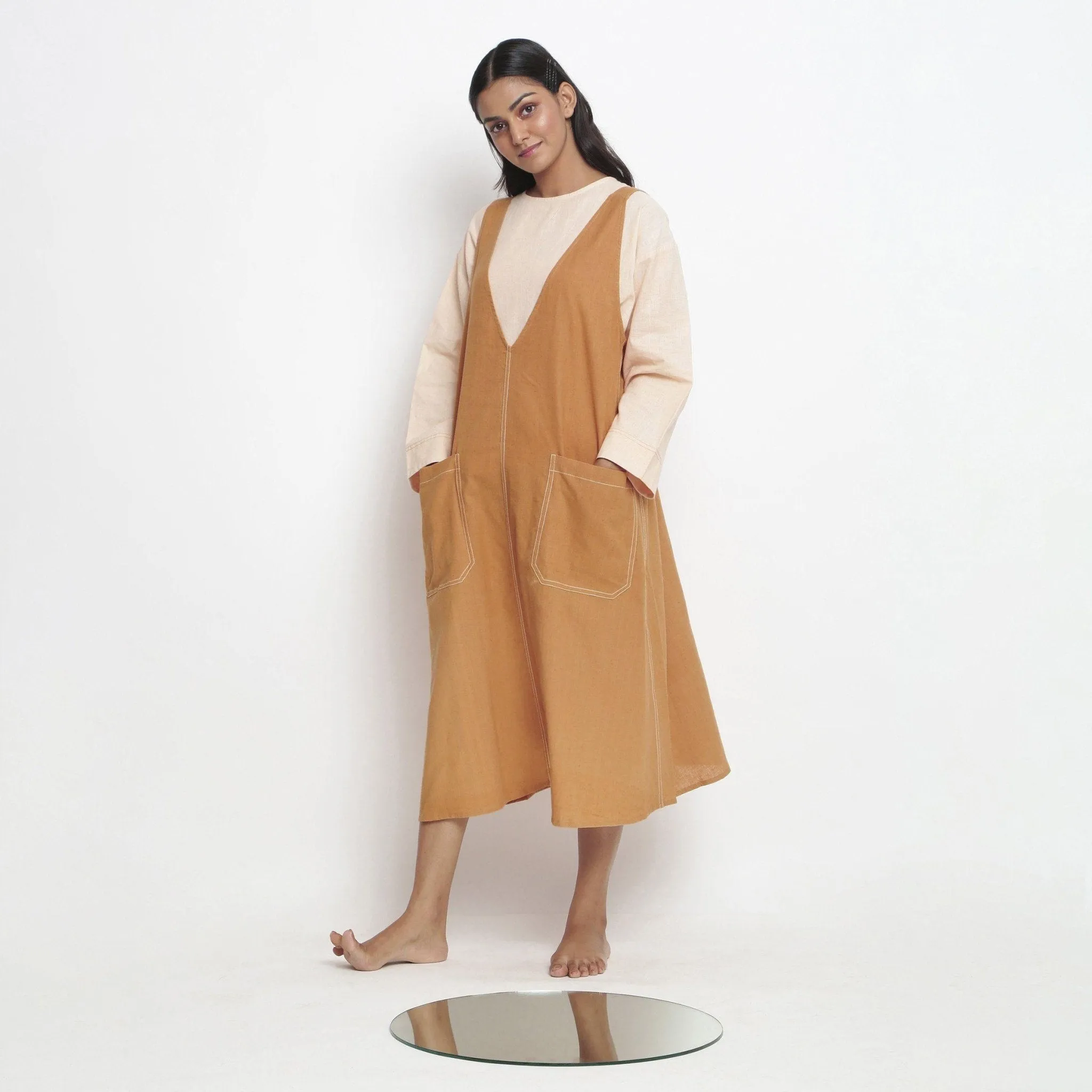 Orange Handspun Cotton Paneled Midi Shift Dress