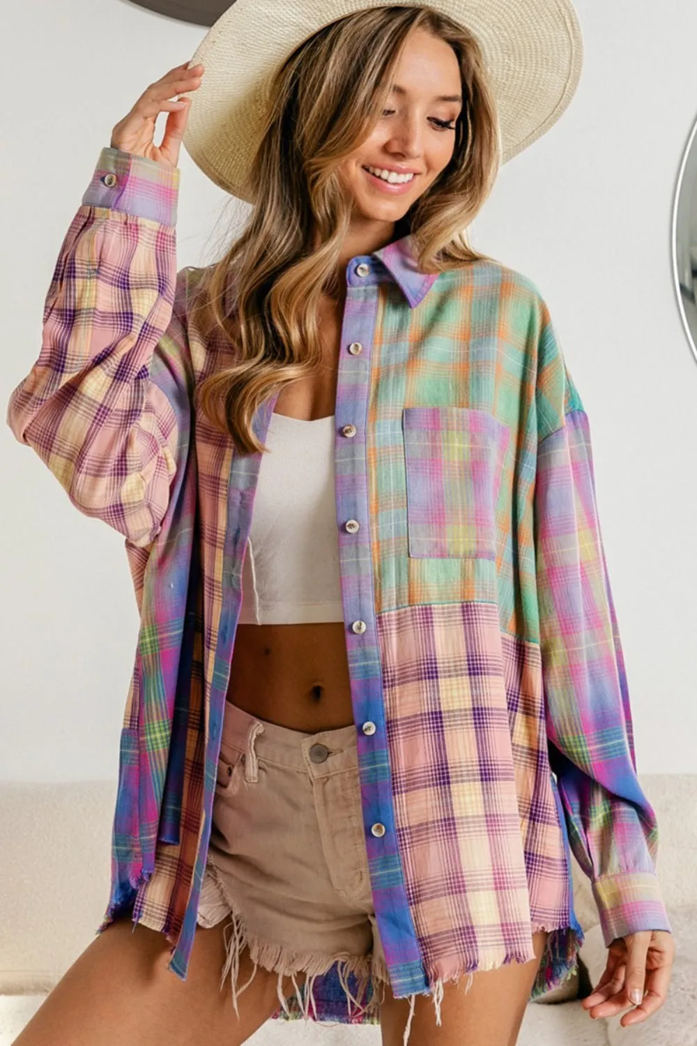 Plaid Color Block Button Up Shirt