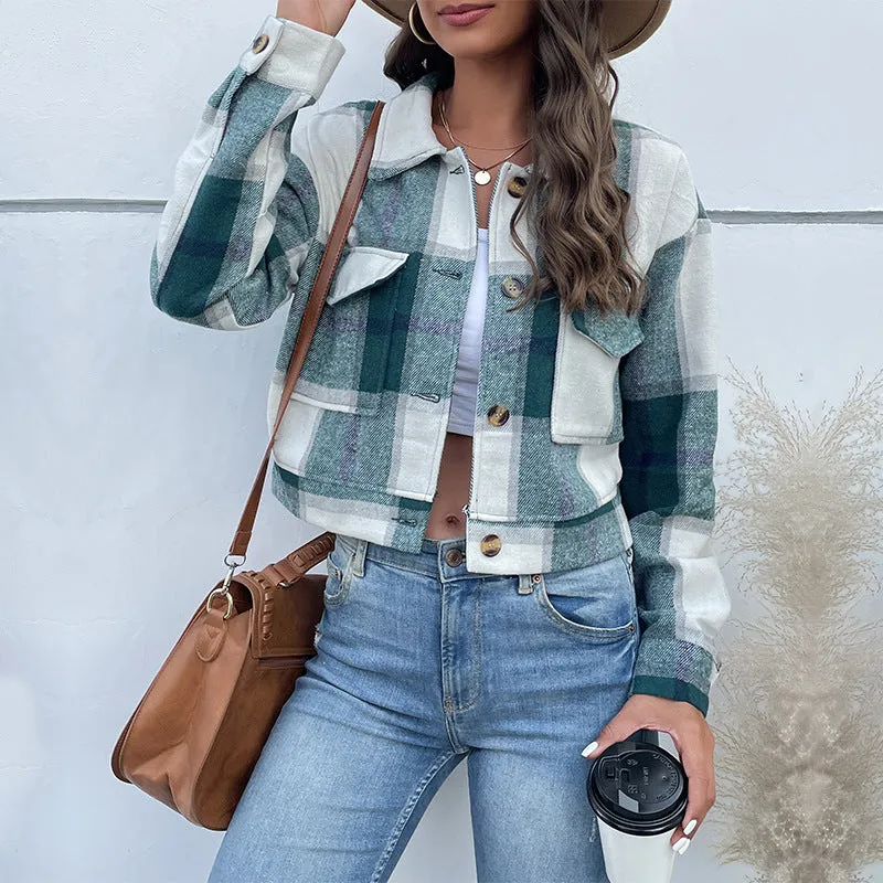 Plaid Lapel Cropped Jacket with Pockets Fashion Button Long Sleeve Short Outwear Tops Coat for Womens Clothing