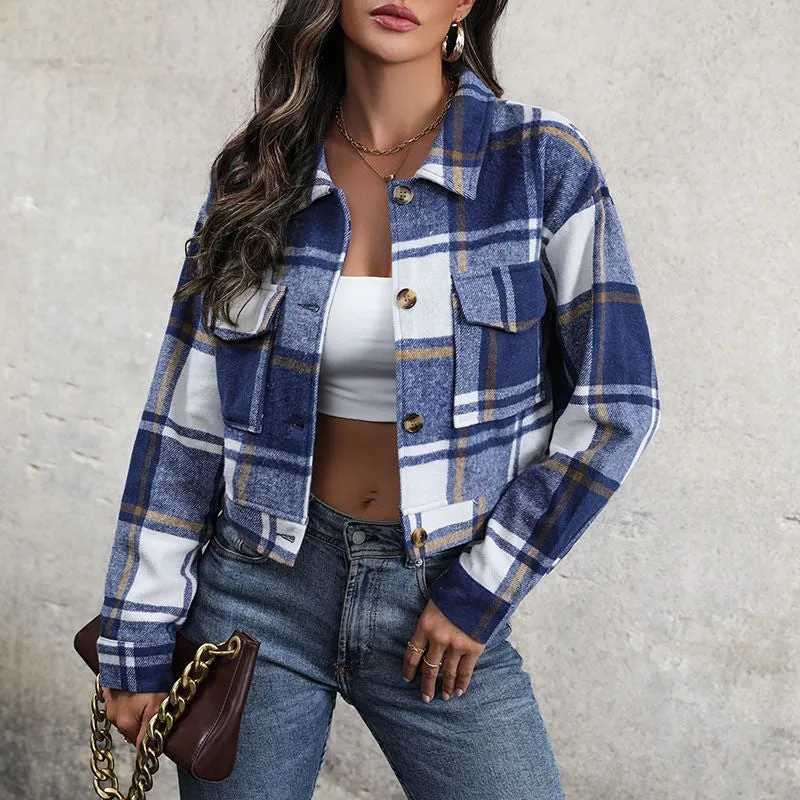 Plaid Lapel Cropped Jacket with Pockets Fashion Button Long Sleeve Short Outwear Tops Coat for Womens Clothing